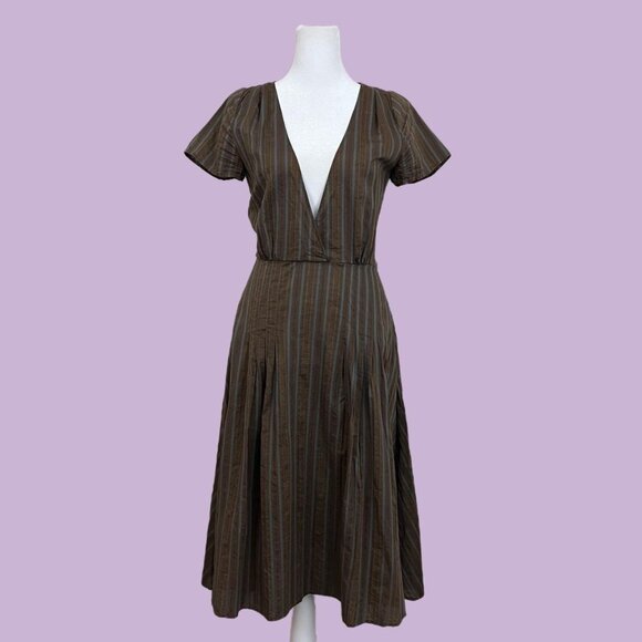 brown and blue pinstripe y2k deep v neck midi dress - Picture 1 of 8